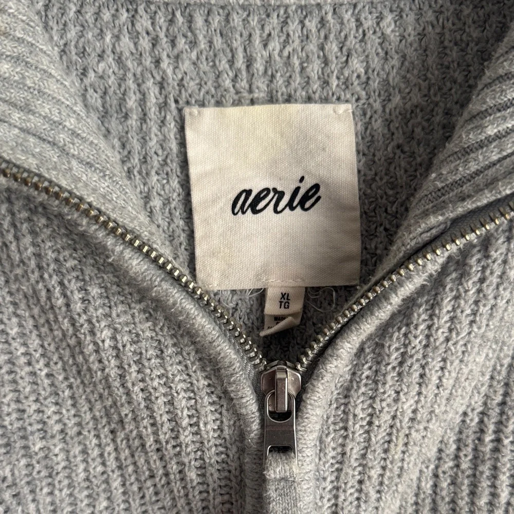 aerie Light Gray Zip-Front Knit Sweater - Picture 2 of 2